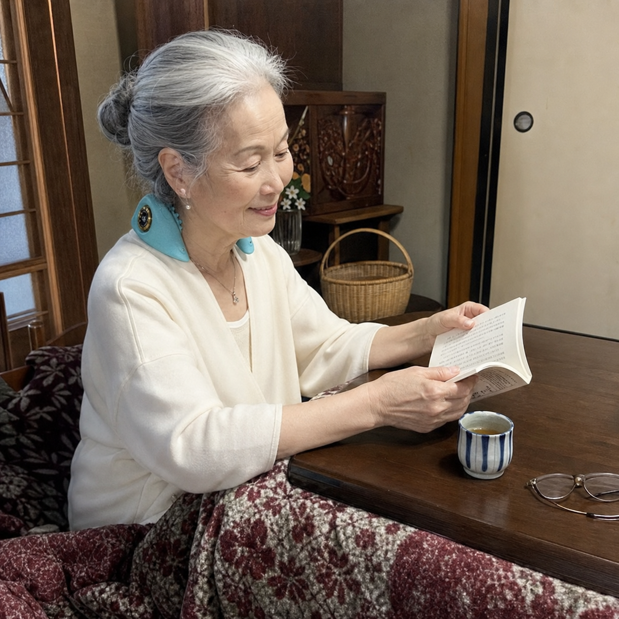 こたつでくつろぎながらCerviZenを使用する様子